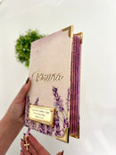 Combo Bíblia Linho Lavandas + placa grande + cartela de índice