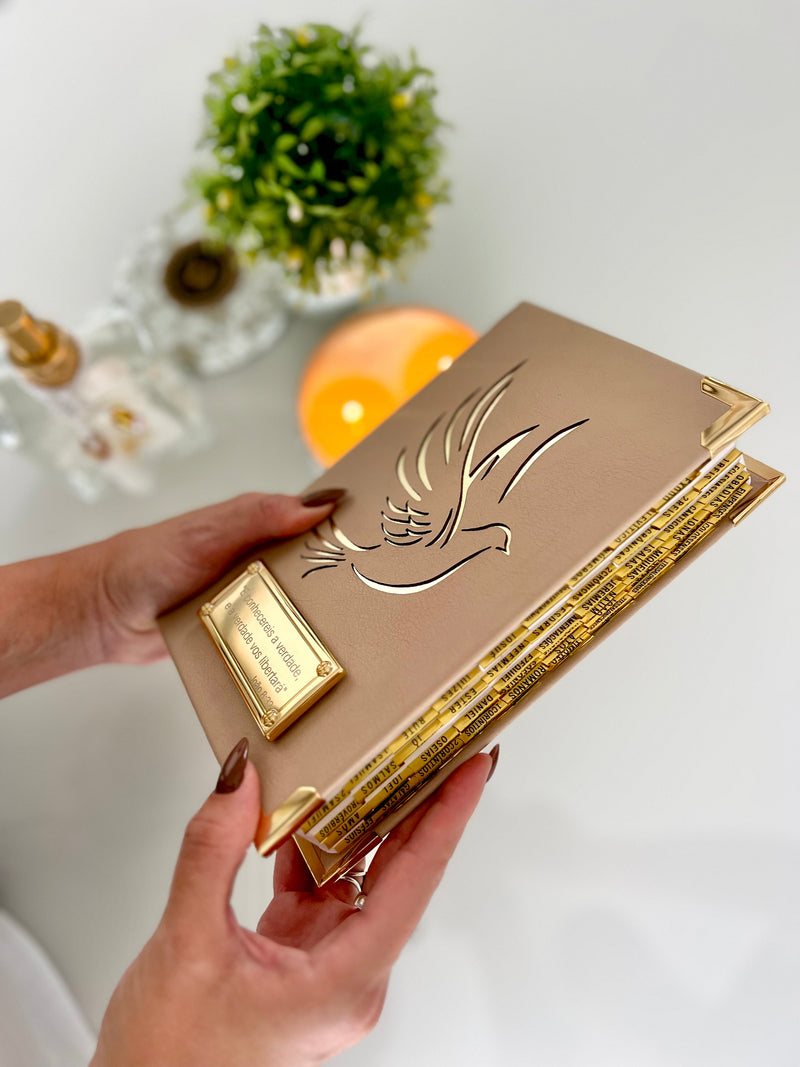 Combo Bíblia Courino Nude Pombinha do Espírito Santo + Placa grande + cartela de índice