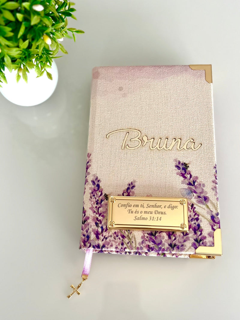 Combo Bíblia Linho Lavandas + placa grande + cartela de índice