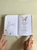 Combo Bíblia Courino Branco Metamorfose + Cartela de índice e Placa Grande