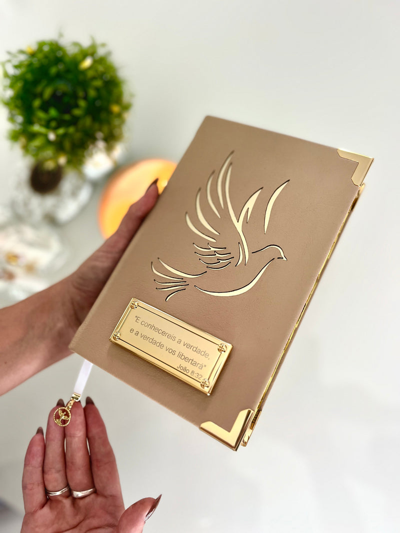 Combo Bíblia Courino Nude Pombinha do Espírito Santo + Placa grande + cartela de índice