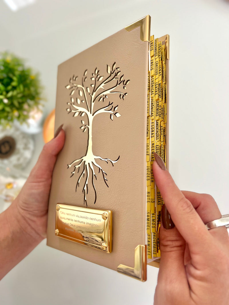Combo Bíblia Courino Nude Arvore da Vida + Placa grande + cartela de índice
