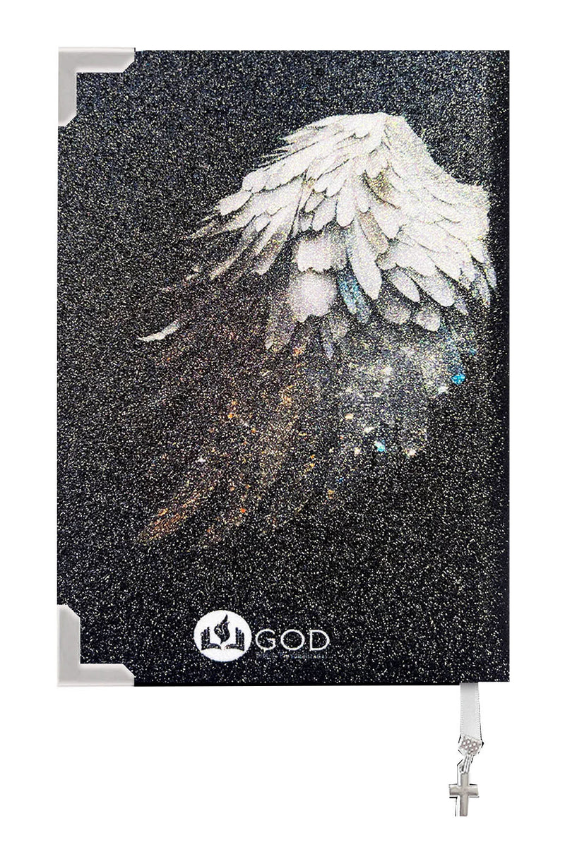 COMBO Bíblia Glitter Preto SANTO ESPÍRITO asas fechadas + placa pequena e pingente de cruz