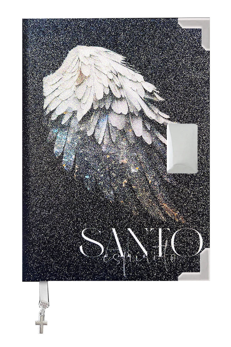 COMBO Bíblia Glitter Preto SANTO ESPÍRITO asas fechadas + placa pequena e pingente de cruz