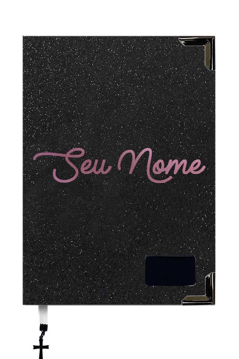 Bíblia Glitter Mar Negro com Nome personalizado em Rosa