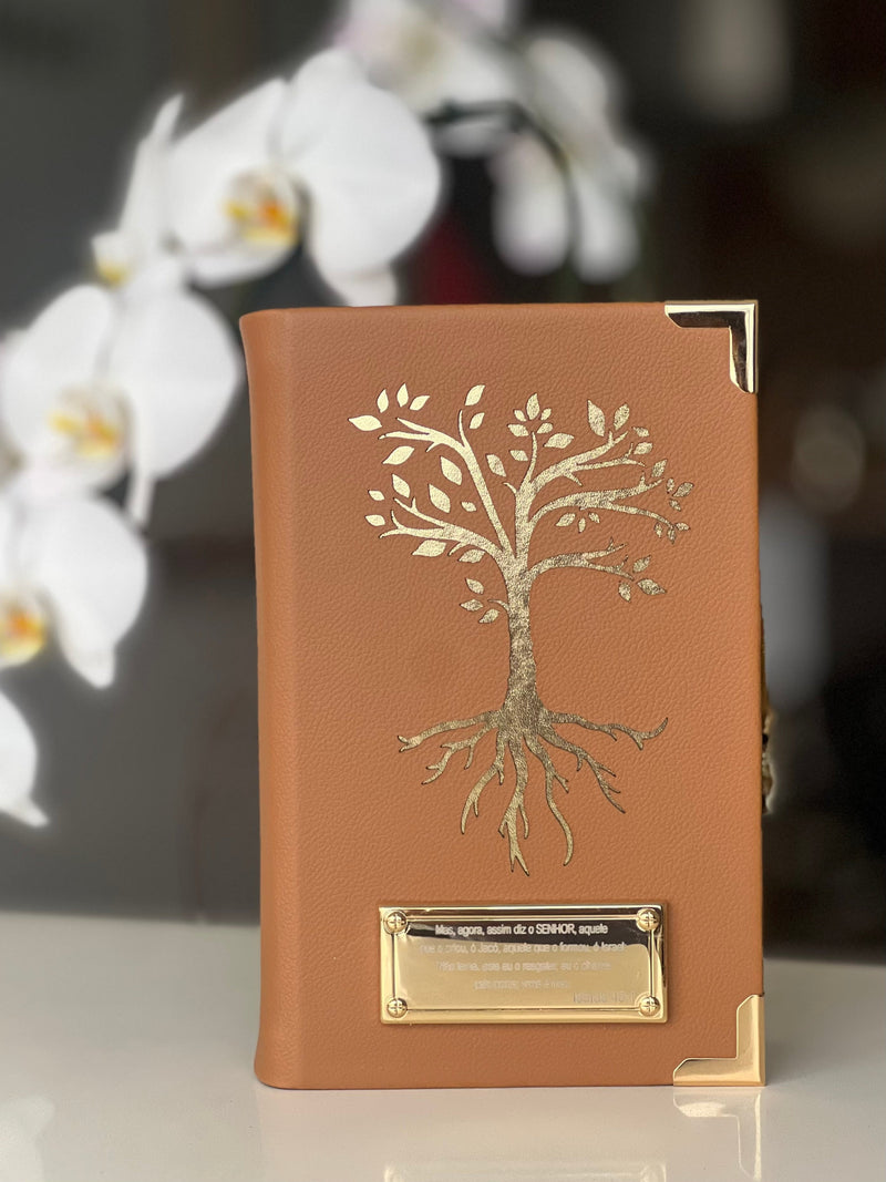 Combo Bíblia Courino Caramelo Arvore da Vida com Cartela de índice e Placa Grande