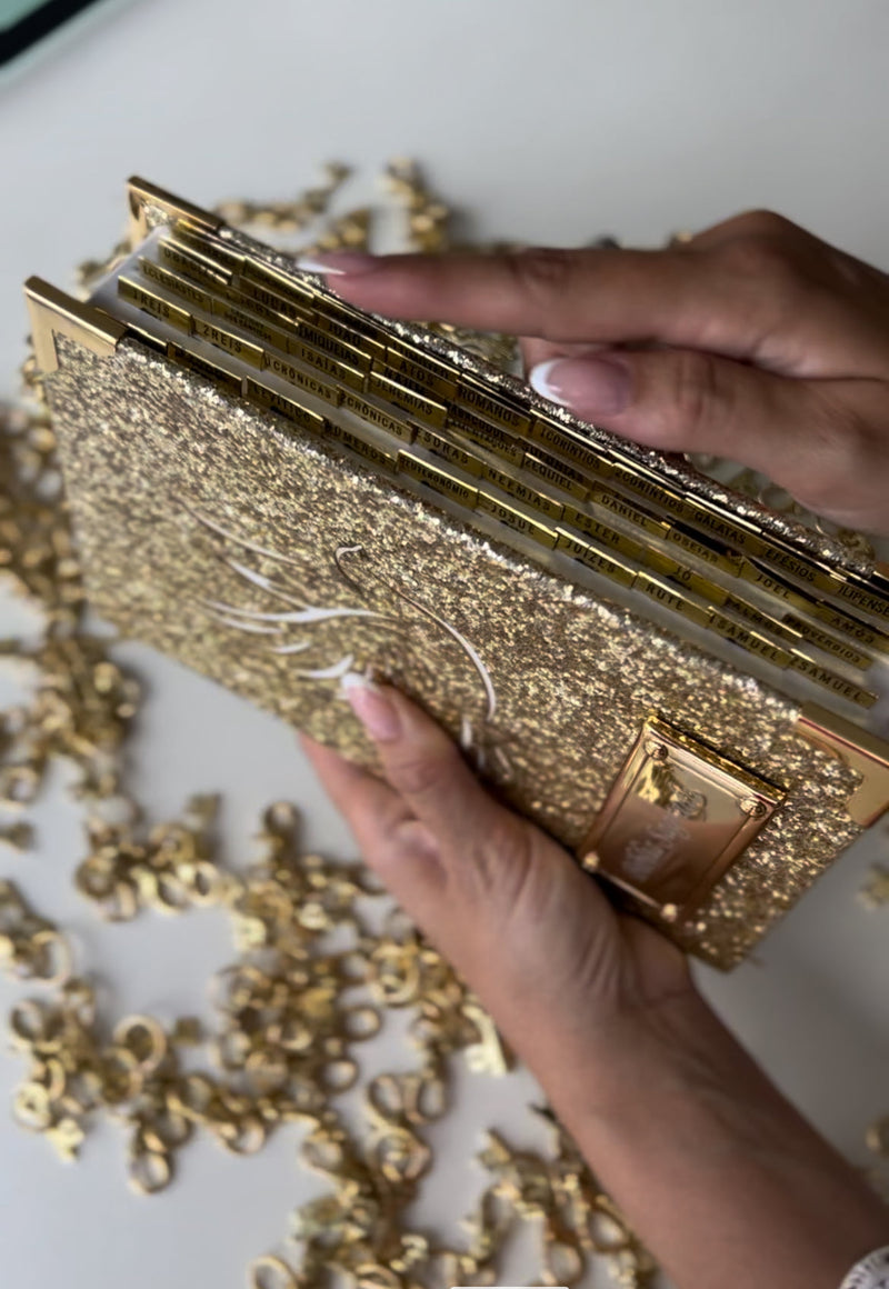 Combo Bíblia Média Glitter Dourado Pombinha do Espírito + Cartela de índice + Placa grande