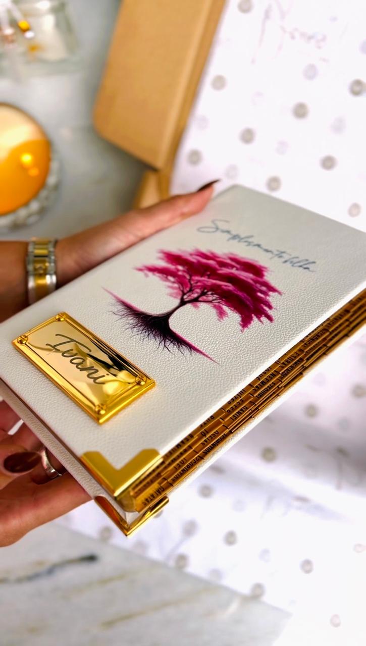 Combo Bíblia Courino Branco Arvore da Vida Rosa com Cartela de índice e Placa Grande