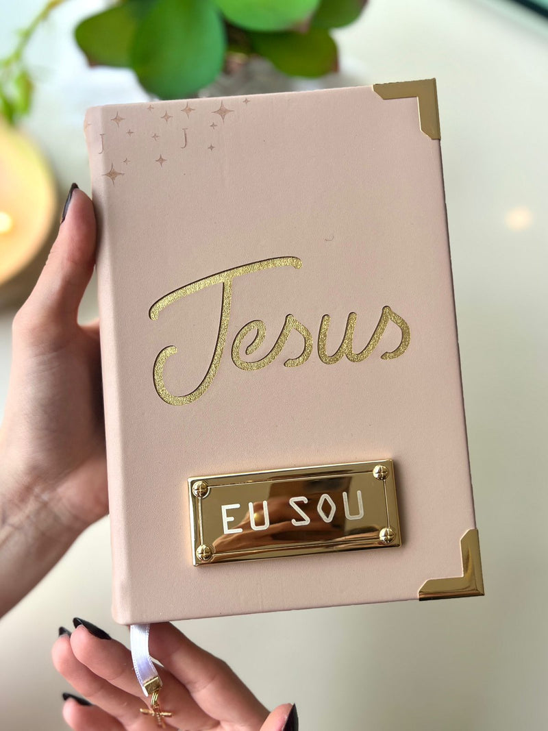 Combo Bíblia Jesus vazado e iniciais courino Nude + Placa Grande + Cartela de índice
