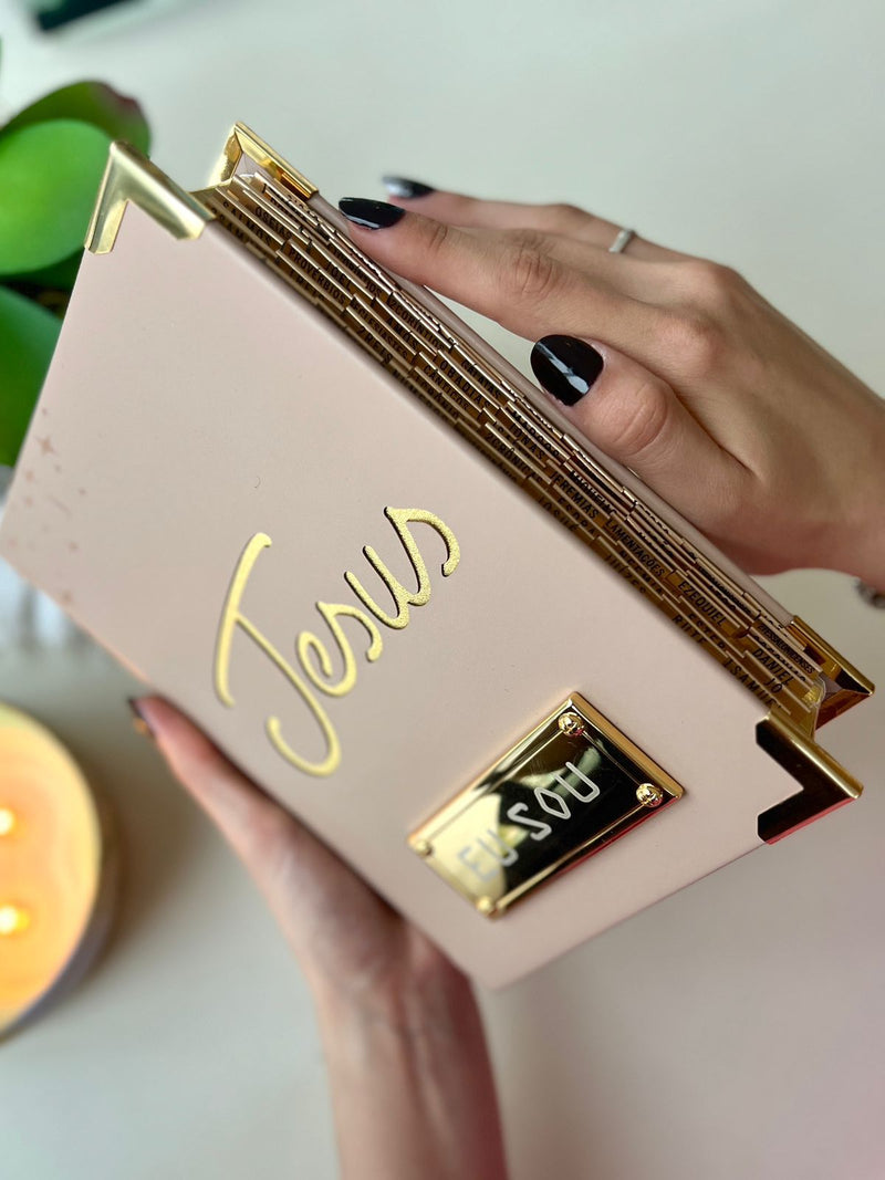 Combo Bíblia Jesus vazado e iniciais courino Nude + Placa Grande + Cartela de índice