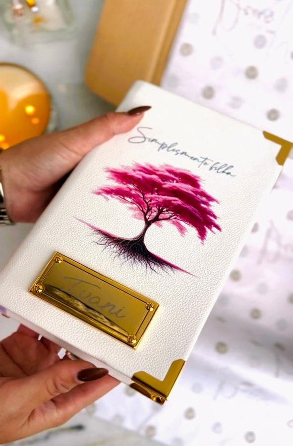 Combo Bíblia Courino Branco Arvore da Vida Rosa com Cartela de índice e Placa Grande